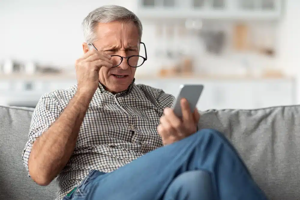 Older adult adjusting his glasses to see close. 